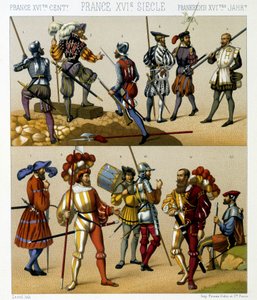 Costumes militaires français au XVIe siècle. Planche chromolithographique - dans « Le costume historique » par Racinet - Albert Charles August Racinet
