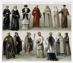 Costumes monastiques en Europe du 15e au 18e siècle. Illustration dans « Le costume historique » par Racinet