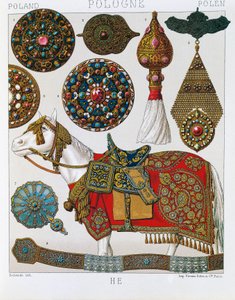 Ornements polonais, chevaliers hussards, lithographie tirée du Costume historique de Schmidt, Volume V - Albert Charles August Racinet