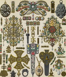 Bijoux du XVIIe siècle, lithographie de Schmidt publiée dans Le costume historique, Volume V - Albert Charles August Racinet