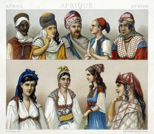 Costumes et coiffes traditionnels des hommes et des femmes en Algérie. Illustration dans « Le costume historique » par Racinet