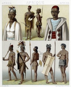 Costumes traditionnels et bijoux de Tombouctou et du Haut-Nil. Illustration dans « Le costume historique » par Racinet