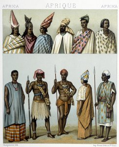Costumes traditionnels du Sénégal. Illustration dans "Le costume historique" par Racinet