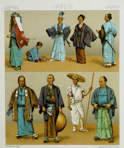 Divers costumes traditionnels japonais pour hommes, y compris le kimono. Planche chromolithographique - dans « Le costume historique » par Racinet