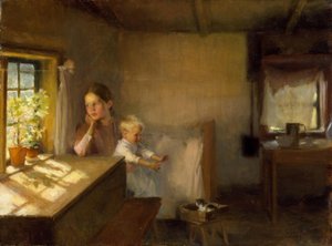 Femme avec enfant dans un intérieur ensoleillé