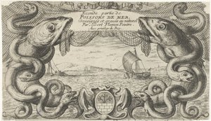 Paysage marin avec bordure de créatures marines et un filet de pêche - Albert Flamen