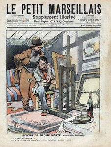 Un peintre dans un grenier peignant des natures mortes, la bouteille de vin et le gâteau utilisés comme modèle ne tiennent pas en place. Illustration d