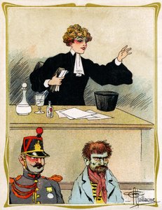 Une avocate au visage magnifique, plaide et défend son client avec patience. Publicité, gravure 1902-1903 - Albert Guillaume