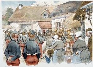 Fanfare militaire dans un village - dans "Album militaire" par Albert Guillaume (1873-1942), vers 1900