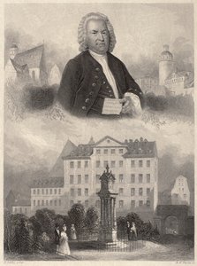 Portrait de Johann Sebastian Bach, Monument de Bach et église et école Saint-Thomas à Leipzig, c. 1860
