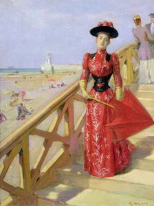 Femme descendant des marches vers une plage