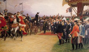 Le président Émile Loubet (1838-1929) accueillant le tsar Nicolas II (1868-1917) et la tsarine Alexandra (1872-1918) au camp de Bétheny, 21 septembre 1901, r.1905