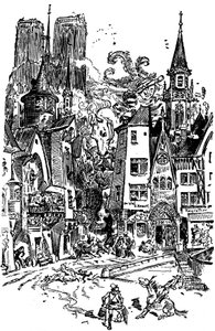 Le géant Gargantua traverse Paris, semant la panique et la destruction sur son passage. Il apprend à cracher sur la Cathédrale Notre-Dame de Paris, dont les tours en arrière-plan se distinguent. Avec ce crachat, plus de 3000 Parisiens seront noyés ! - Albert Robida