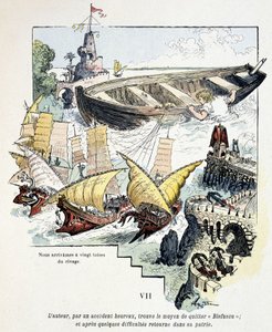 Gulliver et son gigantesque bateau dans le port des Lilliputiens - dans « Voyages de Gulliver » par Jonathan Swift (1721), ill. par Robida - Albert Robida