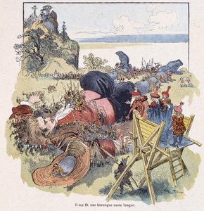 Gulliver attaché par les Lilliputiens - dans « Voyages de Gulliver » par Swift, ill. par Robida - Albert Robida