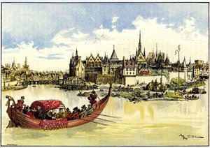 Le roi Henri III posant la première pierre du Pont Neuf sur la Seine à Paris, le 31 mai - Albert Robida