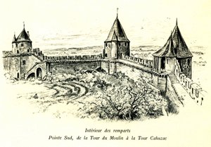 Cité médiévale de Carcassonne (Aude, Languedoc, Pays Cathare) - Intérieur des remparts, pointe sud, de la tour du Moulin à la tour Cahuzac - emplacement du Théâtre de plein air - gravure romantique par Albert Robida (1848-1926) dans un livre publié au débu