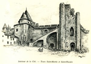 Cité médiévale de Carcassonne (Aude, Languedoc, Pays Cathare) - Tours Saint Martin et Saint Nazaire avec des maisons construites contre les remparts - gravure romantique par Albert Robida (1848-1926) dans un livre publié au début du 20ème siècle - Albert Robida