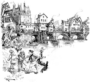 Paris : la Seine, pont avec maisons, habitants, Parisiens, scènes de la vie parisienne au Moyen Âge - architecture - habitat urbain - rivière