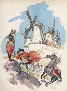 Le Baron de Münchhausen vient de traverser la frontière égyptienne et est pris dans une tempête provoquée par une grande figure pour faire tourner les 7 moulins. Illustration par Albert Robida - dans "Histoire et Aventures du Baron de Münchhausen", H. Laur