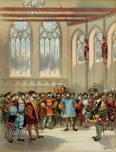 Le héraut de Bourgogne, envoyé par Charles V (1500-1558), reçu par François I (1494-1547) dans la grande salle du Parlement à Paris, première moitié du XVIe siècle. Illustration