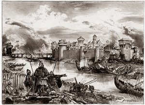 Les Vikings, pirates normands commandés par leur chef Siegfried, assiègent Paris (gravure) - Albert Robida