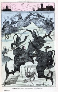 Combat sous-marin dans la baie de Papagayo (scaphandriers chevauchant des poissons), parodie de Jules Verne, "Voyages très extraordinaires de Saturnin Farandoul dans 5 ou 6 parties du monde et dans tous les pays connus ou inconnus de M. Jules Verne" par Ro - Albert Robida