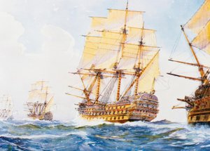 Bateaux du 18e siècle en file indienne au vent à tribord - Albert Sébille