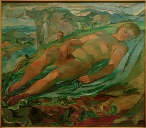 Femme allongée dans un paysage de montagne (anciennement Terre Mère)