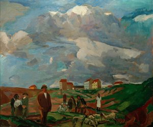 Maisons de banlieue (avec gens et troupeau de moutons)
