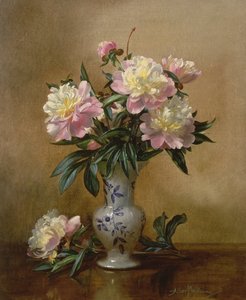 Pivoines dans un vase bleu et blanc