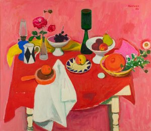 Nature morte sur tissu rouge - Alberto Morrocco