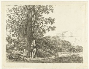 Paysage avec grand hêtre et cavalier parlant avec un homme