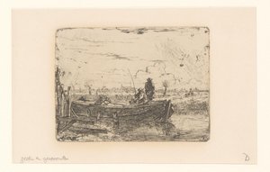 Paysage de polder avec deux hommes sur un bateau