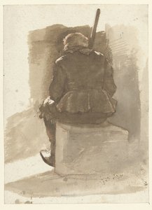 Homme assis avec un bâton, vu de dos