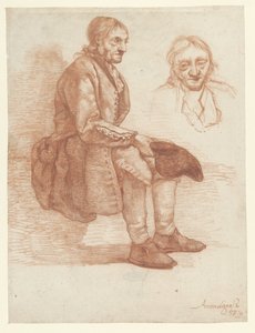Vieil homme assis, vers la droite, la tête répétée