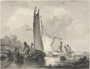 Paysage fluvial avec pêcheur et trois bateaux
