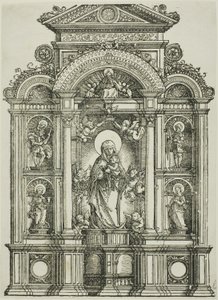 Retable avec la belle Vierge de Ratisbonne et les saints Christophe, Marie-Madeleine, Florian et Catherine debout dans des niches, avec Dieu le Père au-dessus.