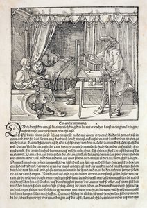 Artiste utilisant la machine à dessiner de Dürer pour peindre une figure, de 