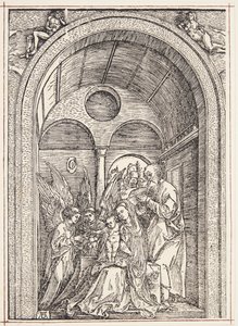 La Sainte Famille avec deux anges dans une salle voûtée - Albrecht Dürer