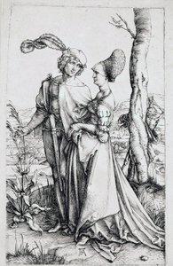 Un couple marchant, observé par la Mort cachée derrière un arbre, tenant un sablier. Gravure par Albrecht Dürer (1471-1528) 1496-1498 Dim. 19x12 cm Berlin, cabinet des estampes - Albrecht Dürer