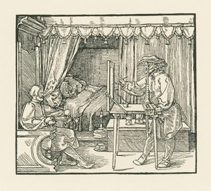 Un artiste dessinant un homme assis sur un plan de verre à travers un hublot. - Albrecht Dürer or Duerer