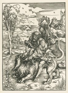 Samson tuant le lion, vers 1497-98 (gravure sur bois) - Albrecht Dürer or Duerer