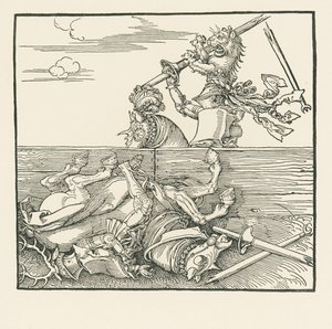 Le tournoi étranger. Maximilien a soulevé son adversaire Jacop de Heri de la selle, vers 1517-18 (gravure sur bois) - Albrecht Dürer or Duerer