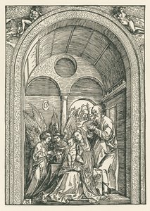 La Sainte Famille avec deux anges dans un portique, vers 1503-04 (gravure sur bois) - Albrecht Dürer or Duerer