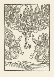 Les sept anges portant une croix et les six clés, avec lesquelles ils ont ouvert le ciel aux six œuvres de miséricorde, reçoivent une âme au ciel. - Albrecht Dürer or Duerer