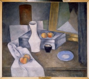 Nature morte avec pommes et soucoupe bleue