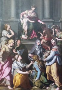 Madone en majesté avec Enfant, entourée de saints et de figures - Alessandro Allori