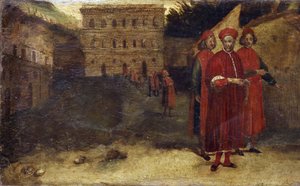 Saints Martyrs, détail de la prédelle avec une représentation du palais Pitti en arrière-plan. Peinture par Alessandro Allori