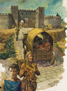Chariot entrant dans une ville fortifiée en Grande-Bretagne romaine (gouache sur papier)